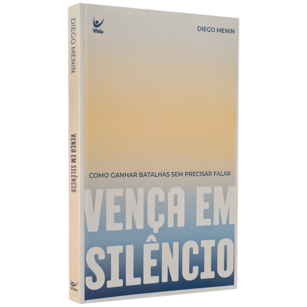 Livro Vença Em Silêncio, capa branca e azul degradê. — Plenitude