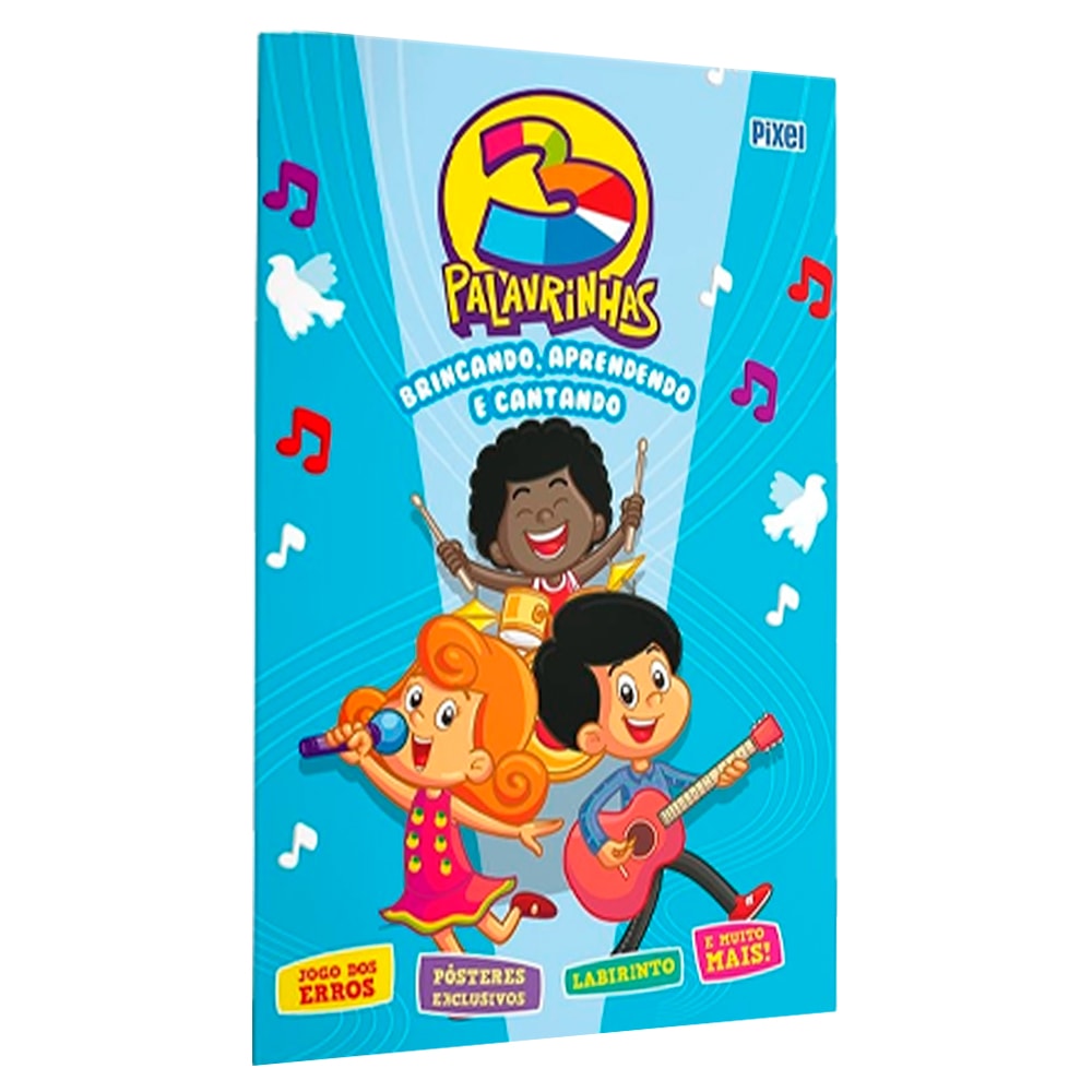 Livrão 3 Palavrinhas Brincando, Aprendendo e Cantando. Capa azul com personagens infantis e notas musicais. — Plenitude