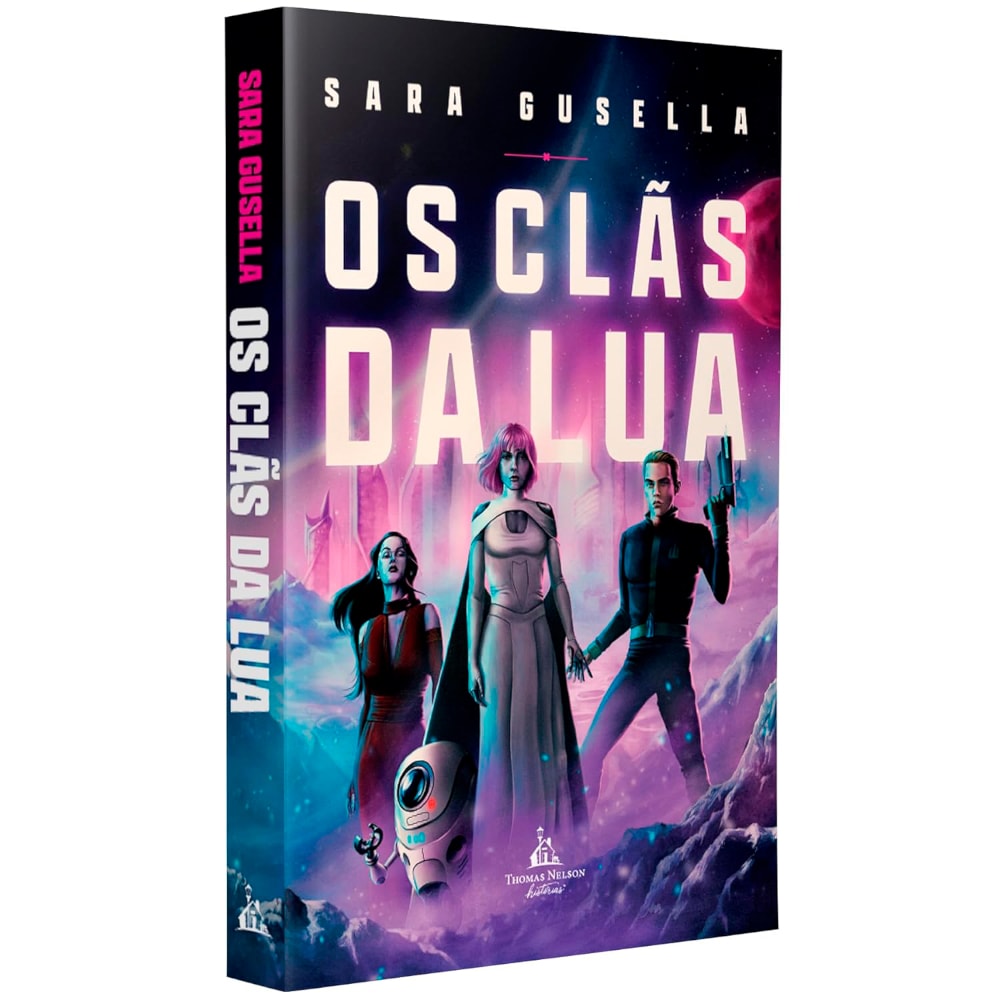 Livro "Os Clãs Da Lua" de Sara Gusella, capa com ilustração de personagens futuristas em cenário roxo. — Plenitude