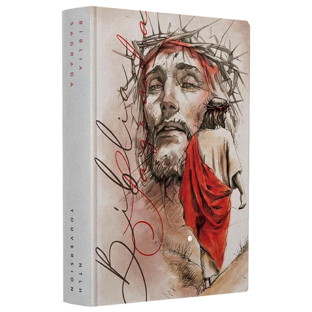 Bíblia Sagrada NTLH YouVersion capa dura branca com ilustração de Jesus Cristo e coroa de espinhos, detalhes em vermelho — Plenitude