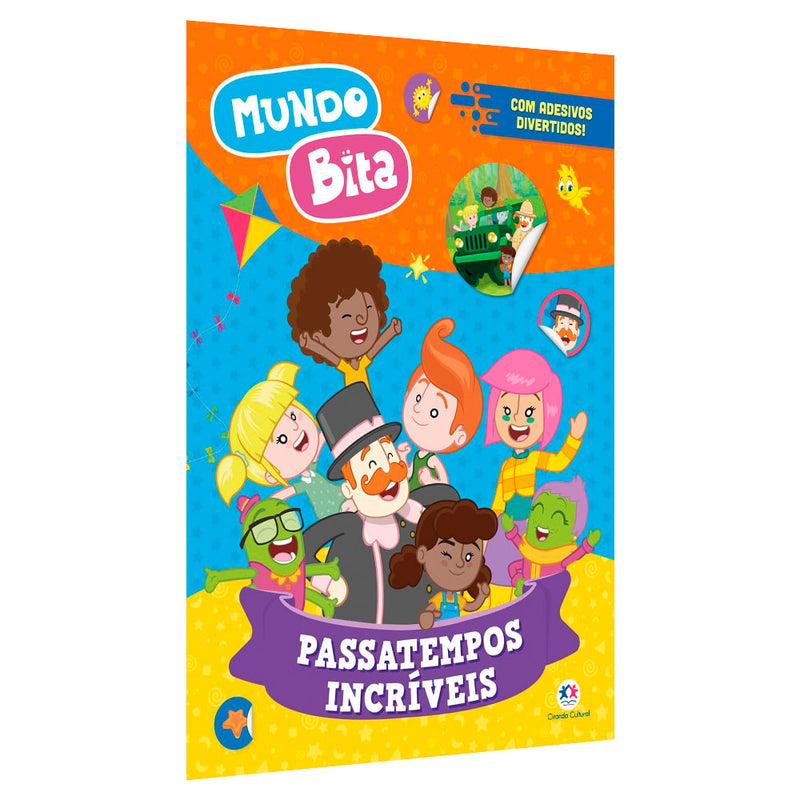 Livro de passatempos 'Mundo Bita', com capa colorida e adesivos, ilustrando personagens do desenho. — Plenitude