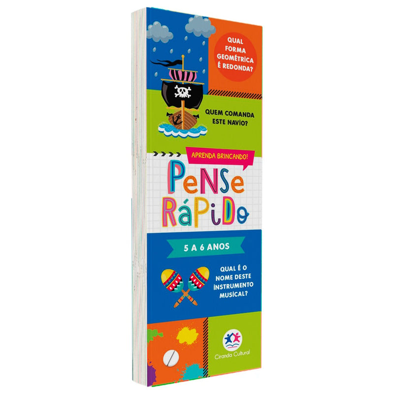 Livro "Flash Cards Pense Rápido 5 a 6 anos" com capa colorida e perguntas sobre formas e instrumentos. — Plenitude