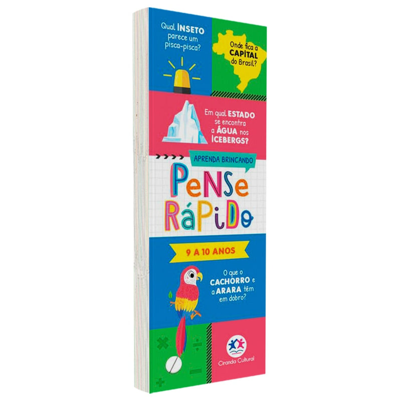 Flash Cards Pense Rápido 9 a 10 anos, capa com ilustrações e perguntas. — Plenitude