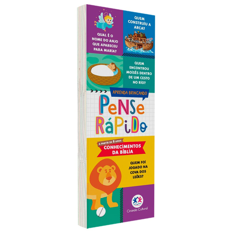 Flash Cards Pense Rápido Conhecimentos da Bíblia, capa com ilustrações e perguntas. — Plenitude