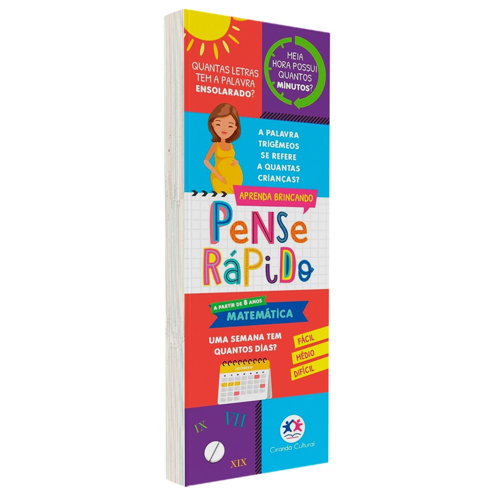 Flash Cards Pense Rápido Matemática, capa com ilustrações e perguntas. — Plenitude
