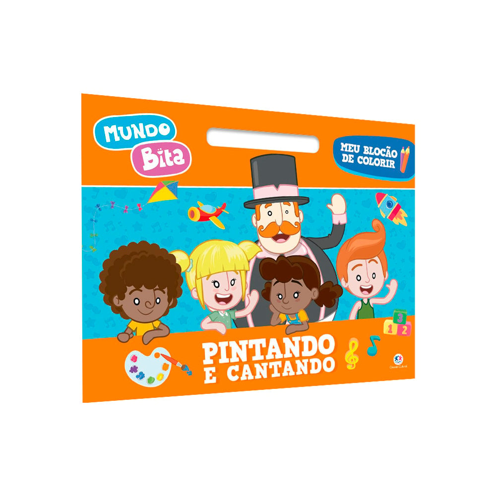Bloco de colorir 'Mundo Bita: Pintando e Cantando', com capa colorida e alça, ilustrando personagens. — Plenitude