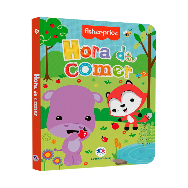 Livro infantil "Fisher-Price Hora de Comer" com capa verde e ilustrações de hipopótamo e raposa comendo maçãs. — Plenitude