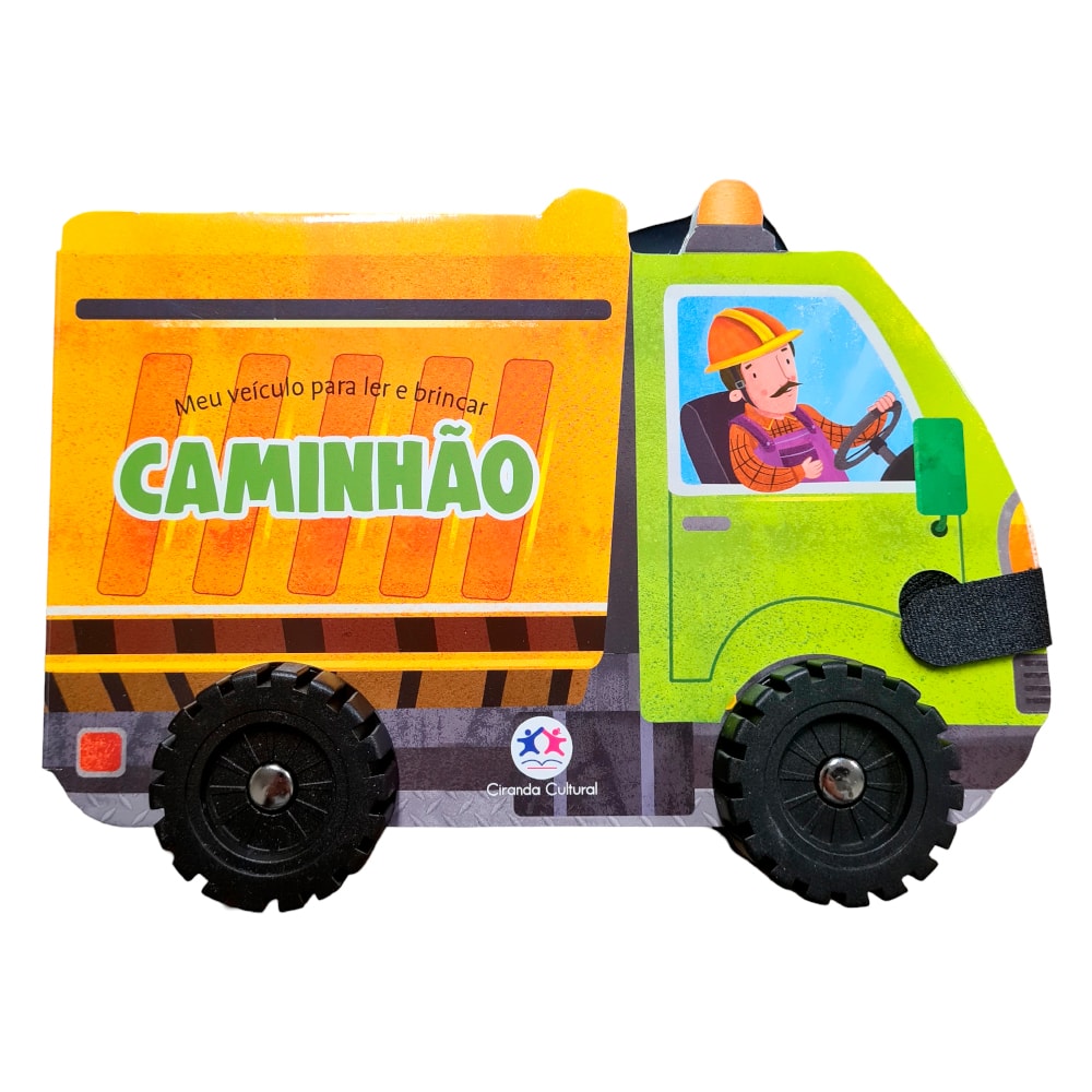 Livro Cartonado Meu Veículo Para Ler e Brincar Caminhão, livro em formato de caminhão verde e amarelo. — Plenitude