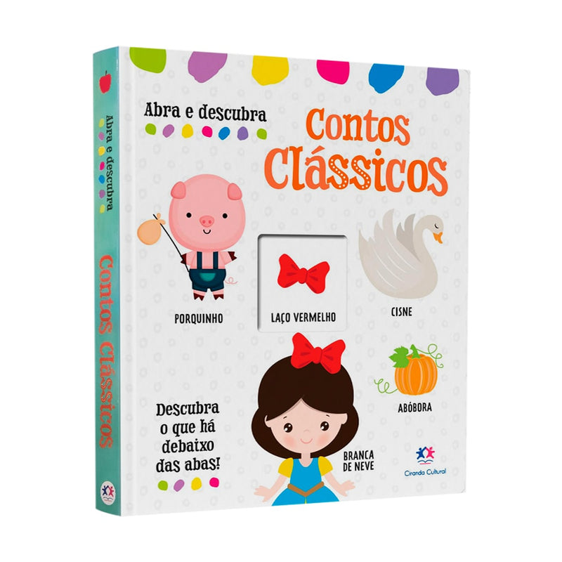 Livro "Contos Clássicos Abra e Descubra", capa com personagens de contos. — Plenitude