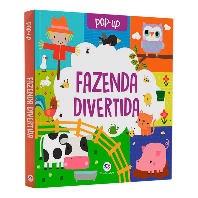 Livro pop-up "Fazenda Divertida", capa colorida com animais da fazenda. — Plenitude