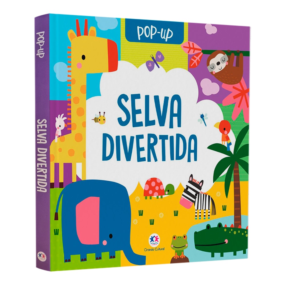 Livro infantil Selva Divertida Pop-up, capa colorida com animais da selva. — Plenitude