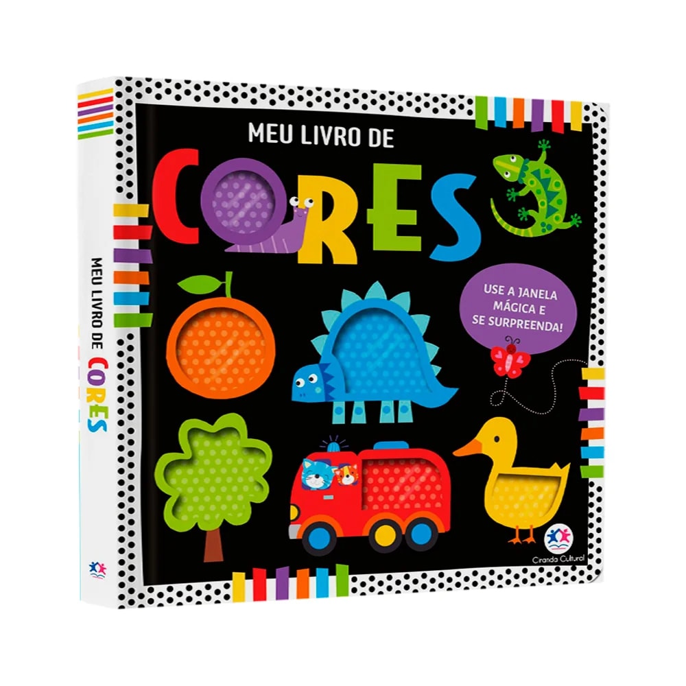 Livro Meu Livro de Cores, capa preta com ilustrações coloridas de animais e objetos. — Plenitude