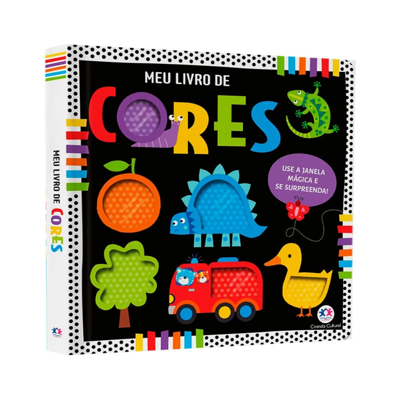 Livro Meu Livro de Cores, capa preta com ilustrações coloridas de animais e objetos. — Plenitude