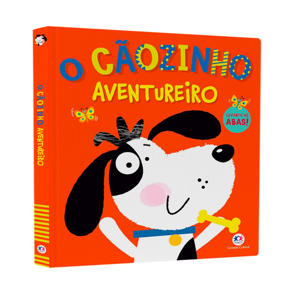 Livro O Cãozinho Aventureiro Levante as Abas!, capa laranja com ilustração de cachorro. — Plenitude