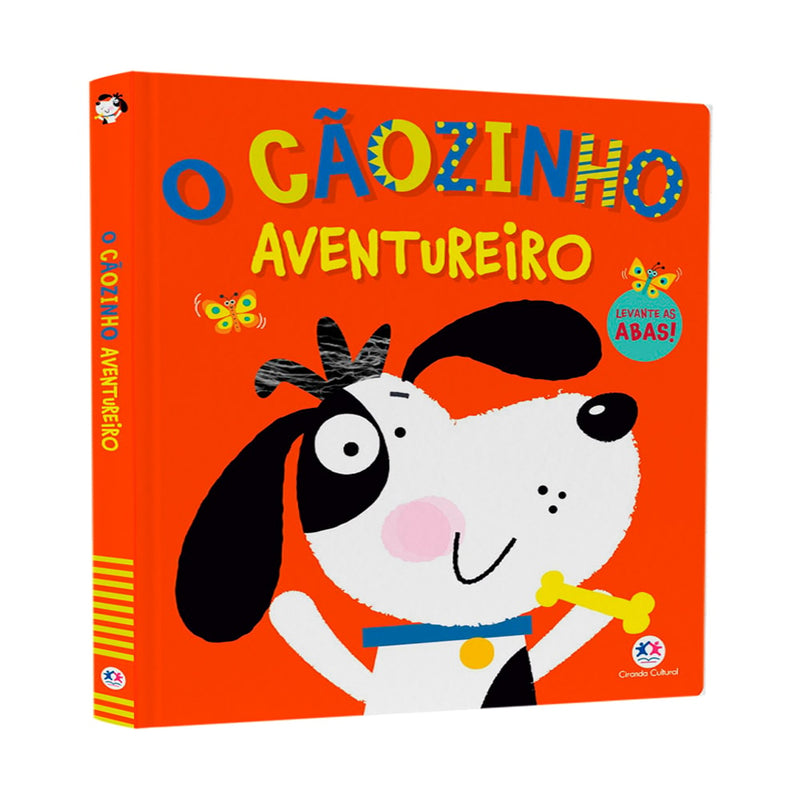 Livro O Cãozinho Aventureiro Levante as Abas!, capa laranja com ilustração de cachorro. — Plenitude
