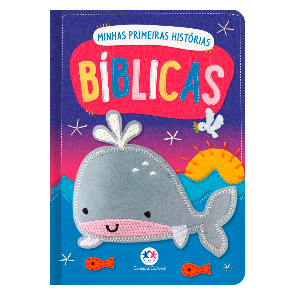 Livro Minhas Primeiras Histórias Bíblicas, capa azul com baleia e outros elementos bíblicos em feltro. — Plenitude
