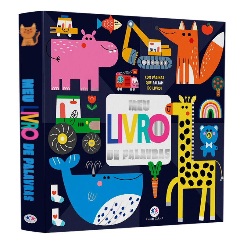 Livro infantil Meu Livro de Palavras, capa dura azul escura com animais e veículos coloridos. — Plenitude