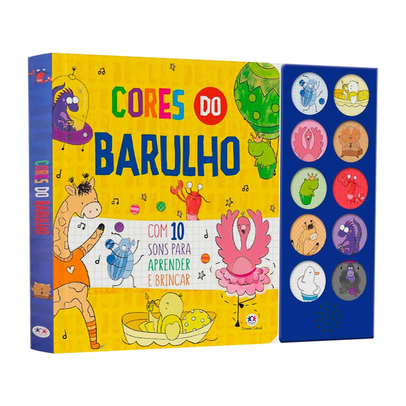 Livro sonoro "Cores do Barulho", capa amarela com animais e botões de som. — Plenitude