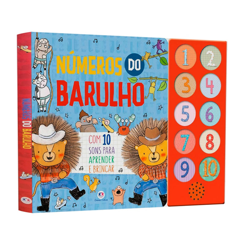 Livro sonoro "Números do Barulho", capa azul com animais e botões de som. — Plenitude