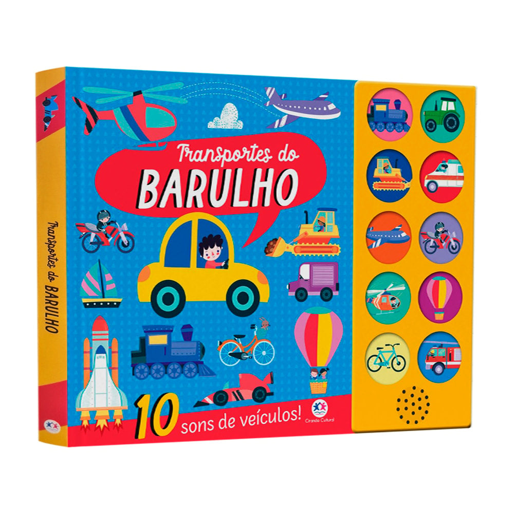 Livro sonoro "Transportes do Barulho", capa azul com veículos e botões de som. — Plenitude