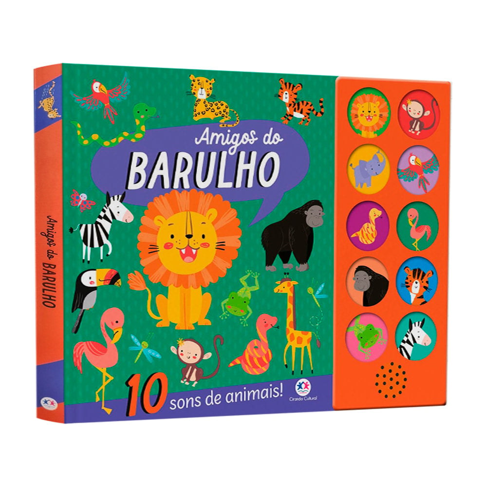 Livro sonoro "Amigos do Barulho", capa verde com animais da selva e botões de som. — Plenitude