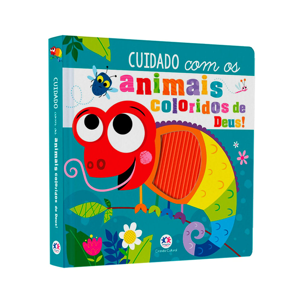 Livro infantil Cuidado Com os Animais Coloridos de Deus!, capa azul com camaleão colorido. — Plenitude