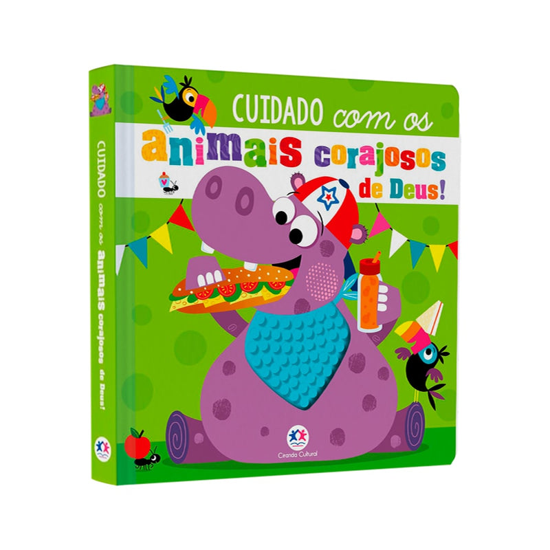 Livro Cuidado Com os Animais Corajosos de Deus!, capa verde com ilustração de hipopótamo. — Plenitude
