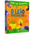 Livro pop-up "O Leão Preguiçoso", capa verde e laranja com leão. — Plenitude