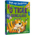 Livro pop-up "O Tigre Brincalhão", capa verde com tigre e filhote. — Plenitude