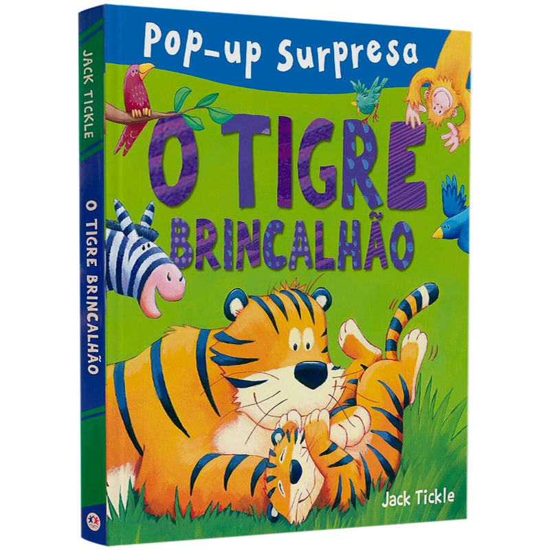 Livro pop-up "O Tigre Brincalhão", capa verde com tigre e filhote. — Plenitude