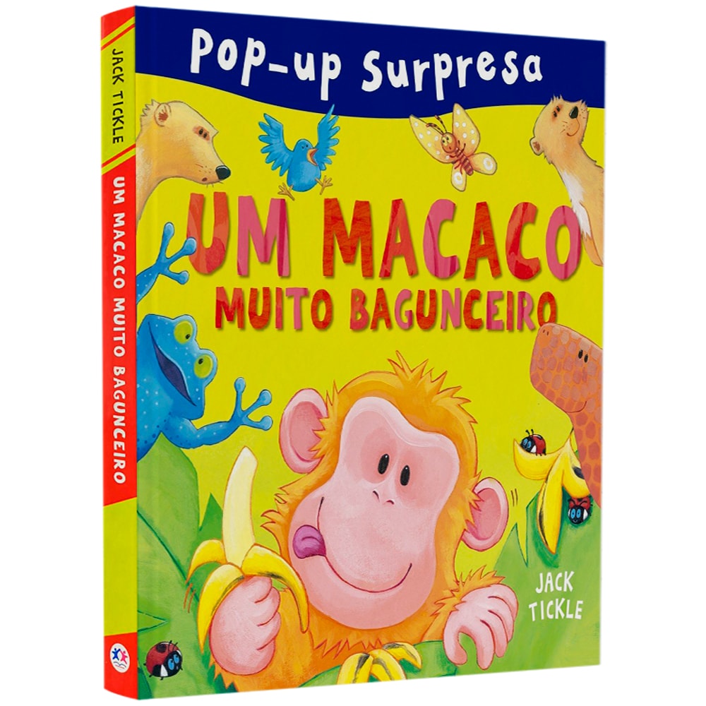 Livro infantil pop-up 'Um Macaco Muito Bagunceiro' de Jack Tickle, com capa amarela e ilustração de macaco. — Plenitude