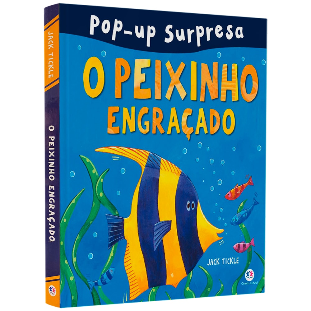 Livro infantil O Peixinho Engraçado Pop-up Surpresa, capa azul com peixe listrado. — Plenitude