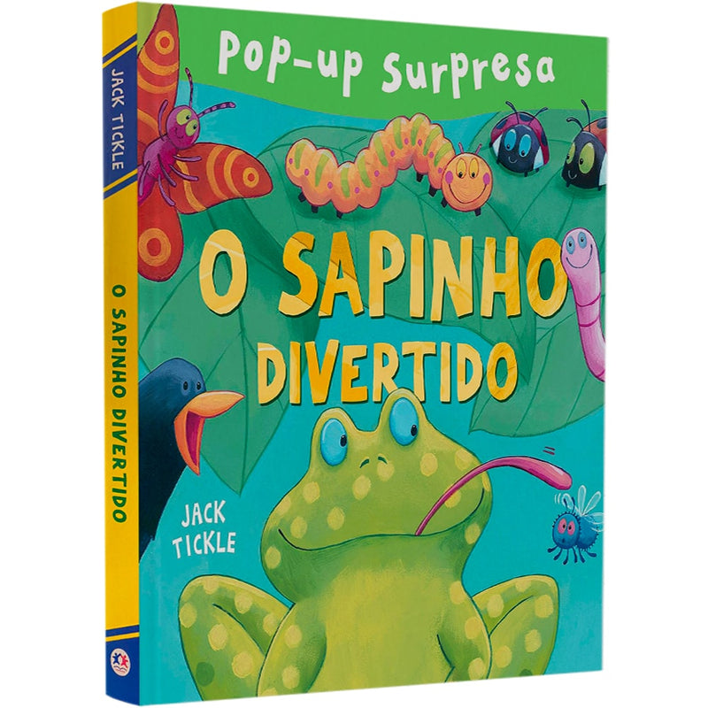 Livro pop-up "O Sapinho Divertido", capa verde com sapo e insetos. — Plenitude