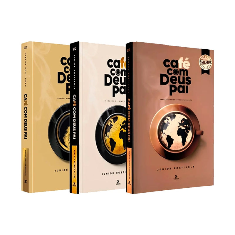 Kit Café com Deus Pai de Junior Rostirola, três livros com capas em tons de bege e marrom, com xícaras de café. — Plenitude