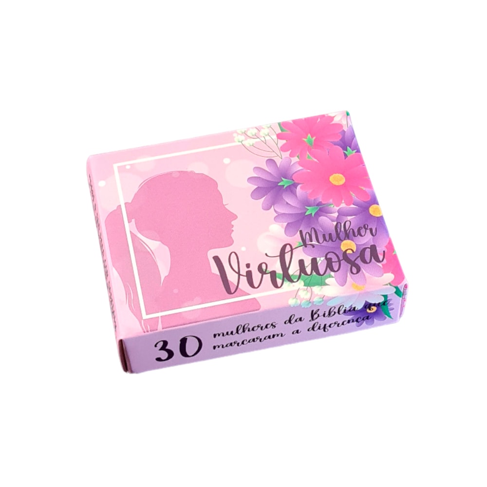 Caixinha de Mensagens Diárias Mulher Virtuosa Roxa, com silhueta feminina e flores roxas. — Plenitude