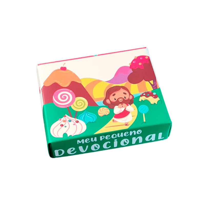Caixinha Meu Pequeno Devocional Verde, com Jesus e paisagem colorida de doces. — Plenitude