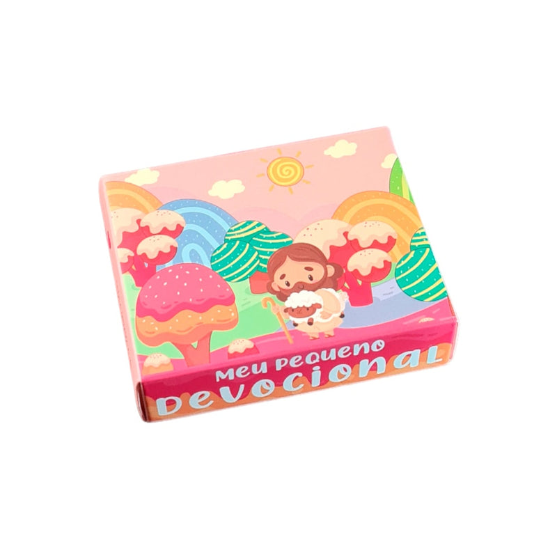Caixinha Meu Pequeno Devocional Rosa, com Jesus e paisagem colorida de doces. — Plenitude