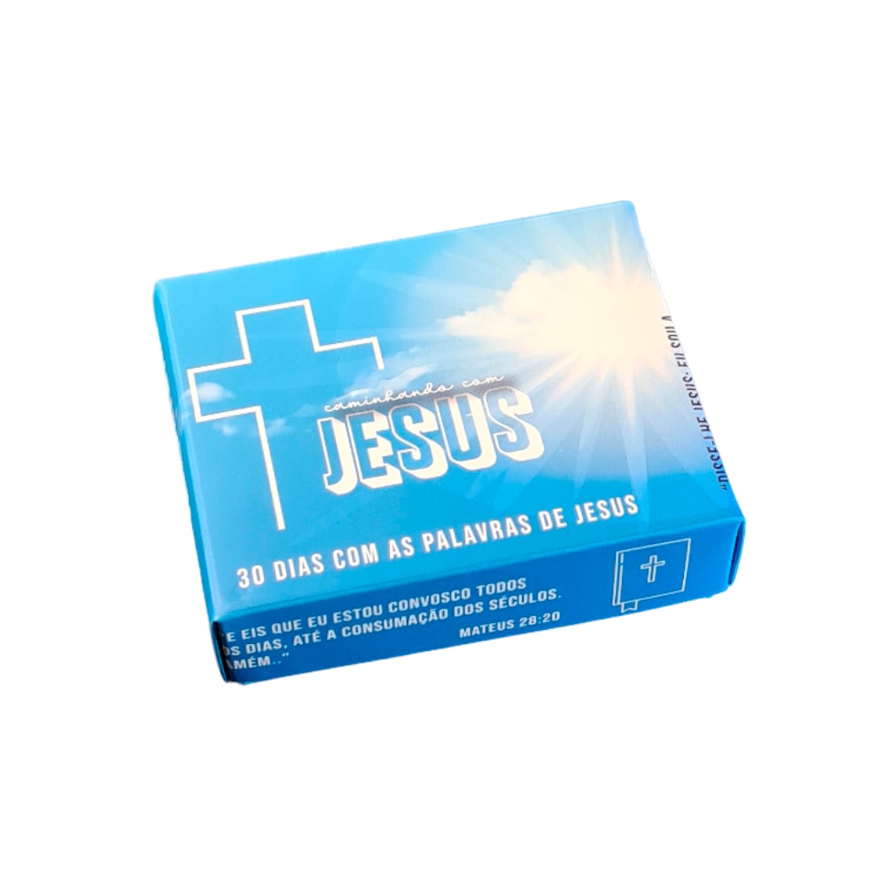 Caixinha de Mensagens Diárias Caminhando Com Jesus Azul, com cruz branca e raios de sol. — Plenitude