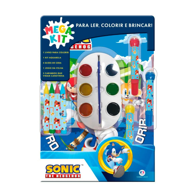 Mega Kit Para Ler, Colorir e Brincar do Sonic, com livro, aquarela, giz de cera e carimbos, em embalagem azul. — Plenitude