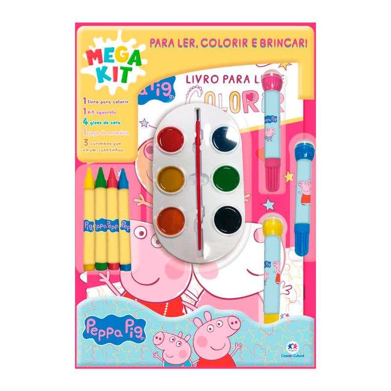 Mega Kit Para Ler, Colorir e Brincar da Peppa Pig, com livro, aquarela, giz de cera e carimbos, em embalagem colorida. — Plenitude