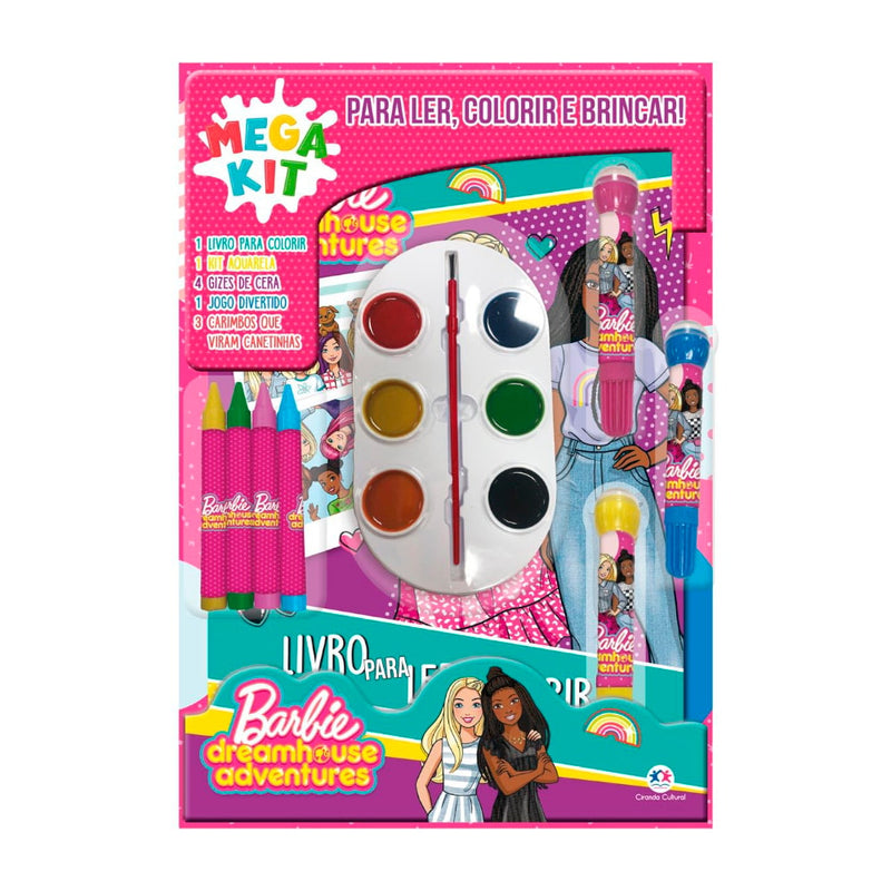 Mega Kit para colorir Barbie, embalagem rosa com livro, aquarela e giz de cera. — Plenitude