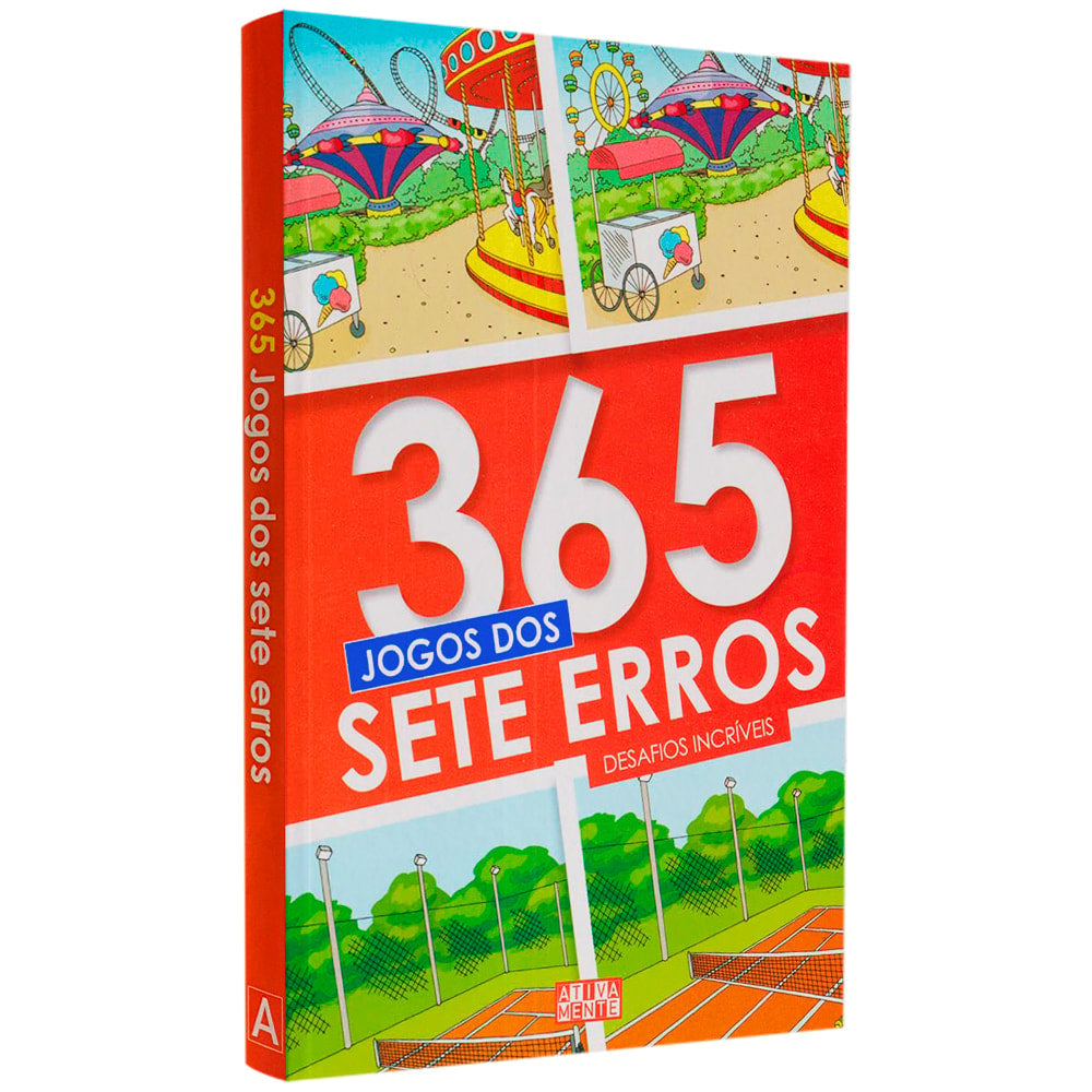 Livro 365 Jogos dos Sete Erros, capa dura laranja com imagens de parque e quadra de tênis. — Plenitude