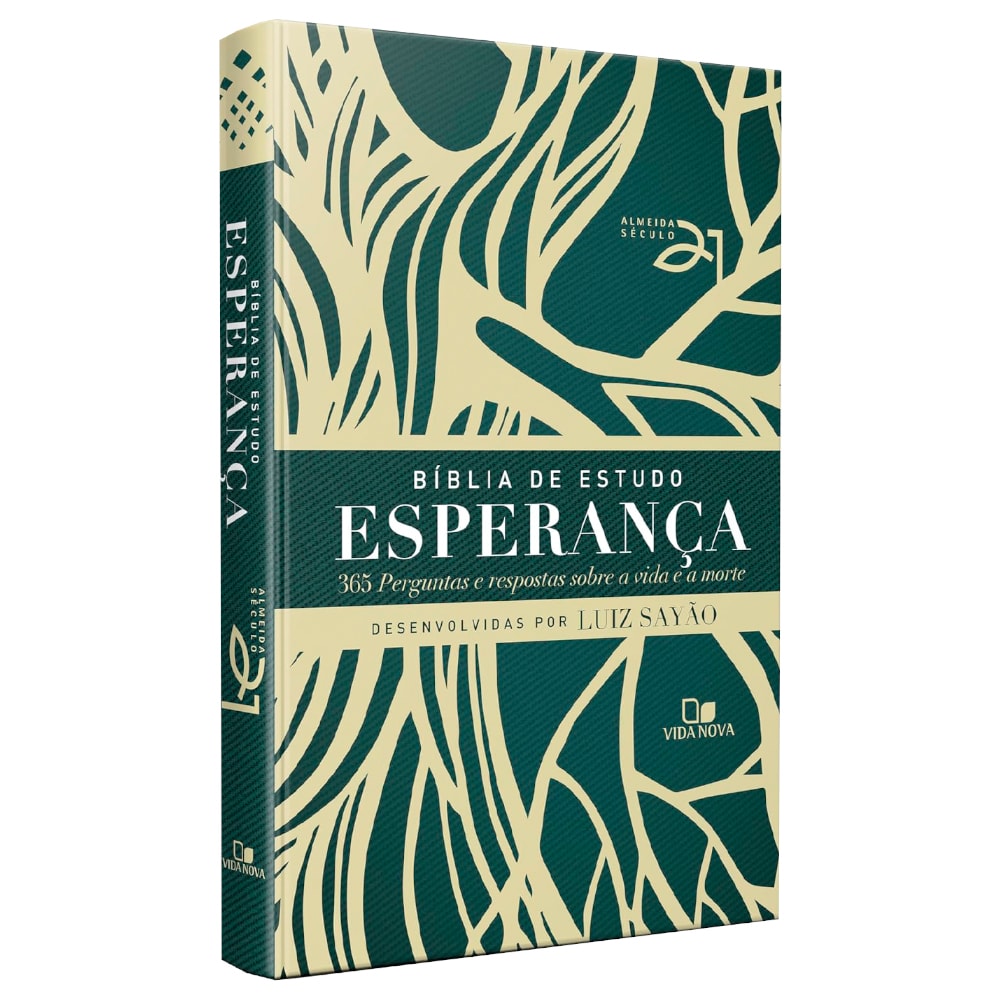 Bíblia de Estudo Esperança A21, capa dura verde-escura com detalhes de árvore em bege, lombada com título vertical. — Plenitude