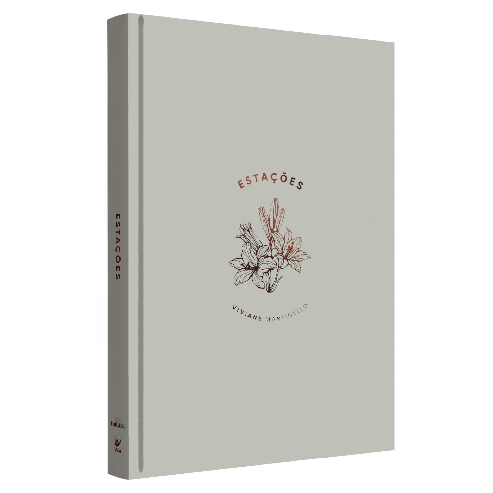 Planner "Estações Stamp" de Viviane Martinello, capa cinza com ilustração floral. — Plenitude