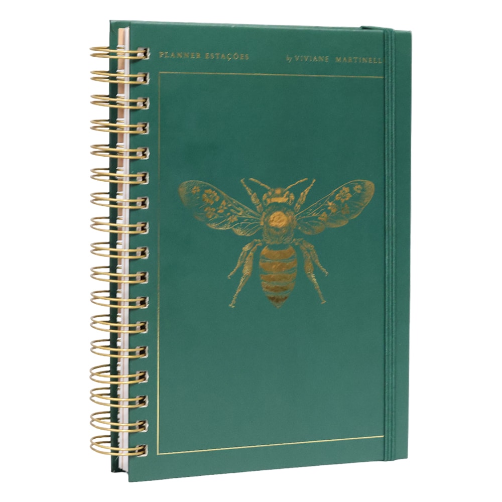Planner Estações Promessa Viviane Martinello, capa dura verde com abelha dourada e espiral dourado. — Plenitude