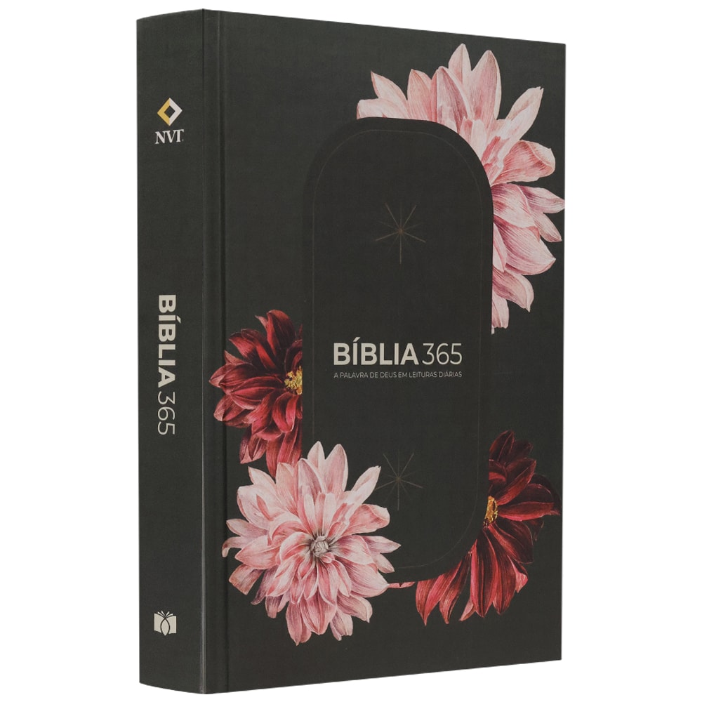 Bíblia 365 Flores Preta NVT, capa dura com estampa floral em tons de rosa e bordô, detalhes em dourado. — Plenitude