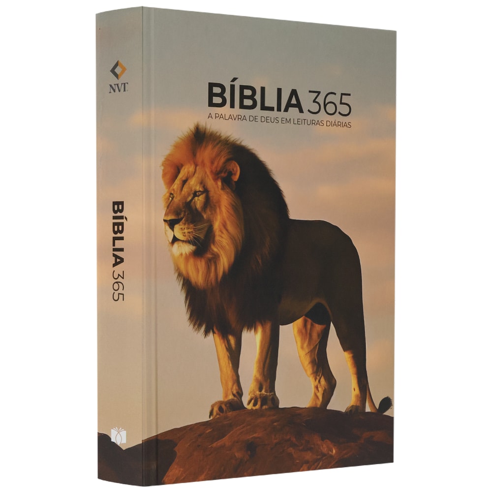 Bíblia 365 NVT, capa dura com imagem de leão em rocha, letra grande. — Plenitude