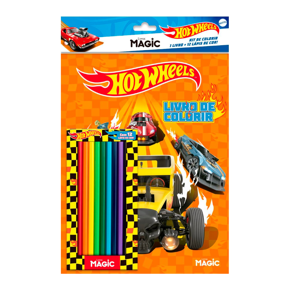 Kit Lápis de Colorir Hot Wheels, com livro de colorir e 12 lápis de cor, capa laranja com carros. — Plenitude