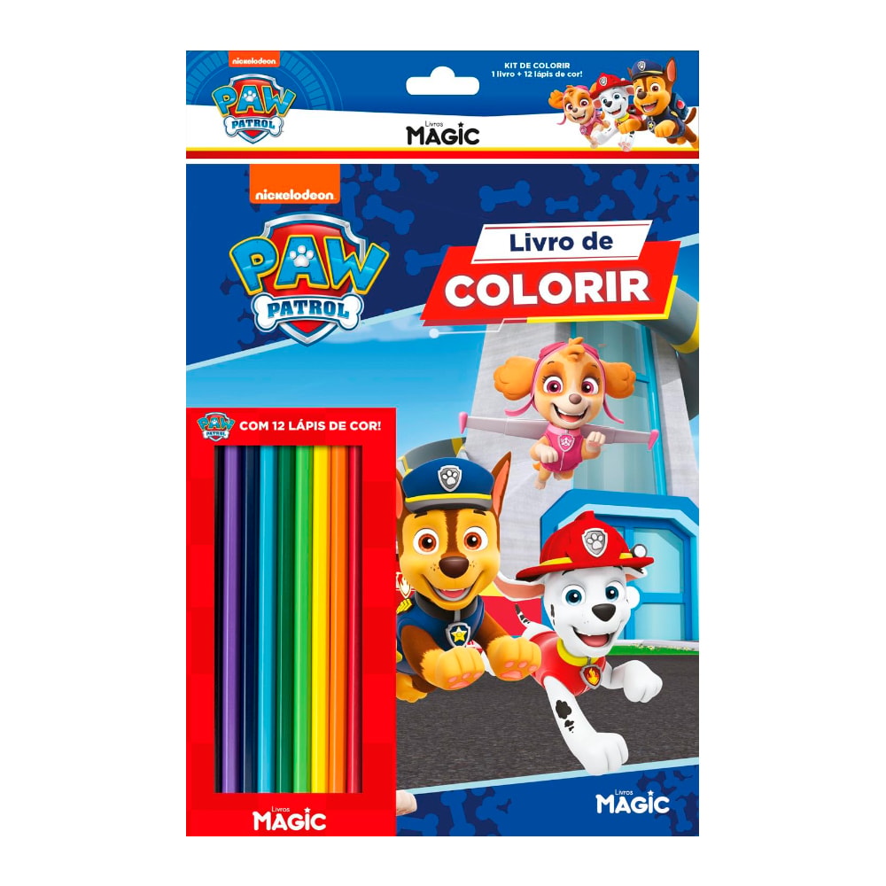 Kit de colorir Patrulha Canina, embalagem azul com livro de colorir e lápis de cor. — Plenitude
