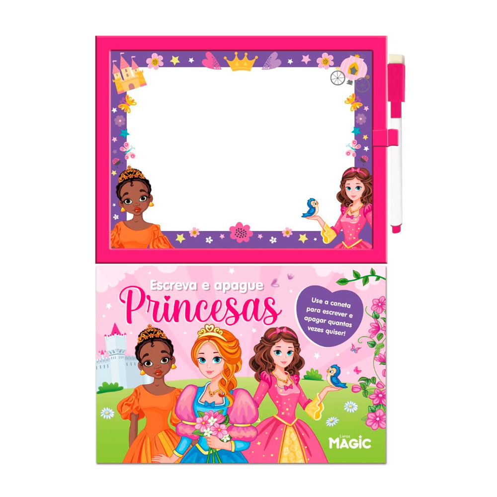 Livro infantil Princesas Escreva e Apague, com quadro mágico rosa e caneta. — Plenitude